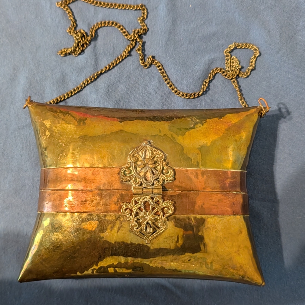 Vintage Copper and Brass Clutch Purse with Red Velvet Lining & Decorative Accent